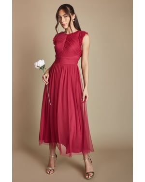 Pleat Bodice Ruffle Mesh Bridesmaid Midi Dress
