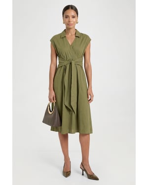 Petite Linen Blend Belted Midi Dress