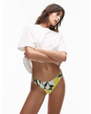 Topshop Lisbon citron hög benslits bikiniunderdel i mönstrad