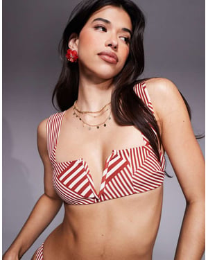 ASOS DESIGN Florence spliced stripe print i vit och röd v-tråd bikiniöverdel
