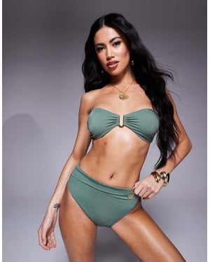 ASOS DESIGN Ella bandeau bikinitopp med guldtrim framtill i khaki
