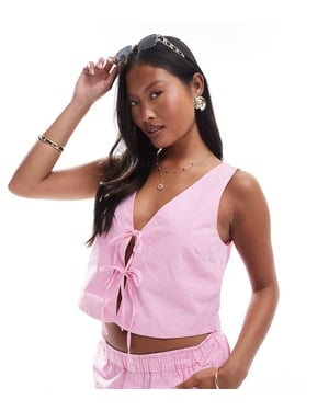 ONLY Petite knyt-front topp set i rosa rutigt