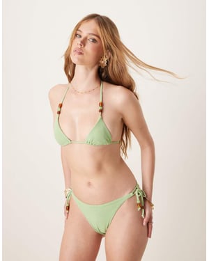 ASOS DESIGN Rosa handdukstyg triangelbikinitopp med pärldetalj i pistasch - LGREEN