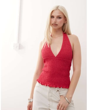 Återvunnen vintage halterneck topp med djup urringning och smock i hallonrosa
