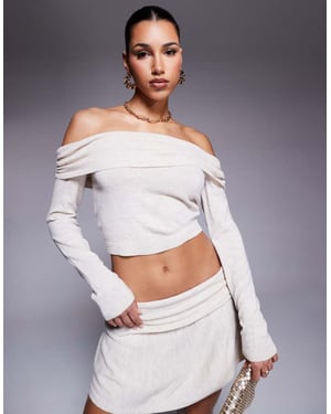 Missyempire finstickad vikbar bardot topp set i beige