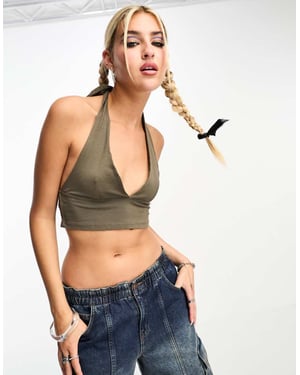 Noisy May v neck cropped halter neck top in khaki