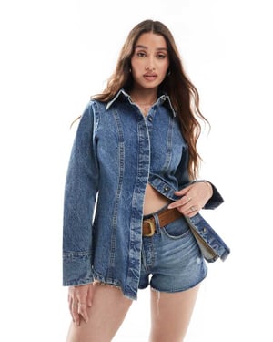 ASOS DESIGN denimskjorta med dragsko i vintage tvätt