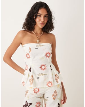 ASOS DESIGN linneblandning cinch midja bandeau topp i semestertryck co ord