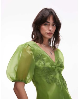 Topshop broderad organza puffärmad topp i grön