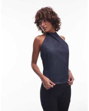 Topshop denim halterneck topp i tvättad finish