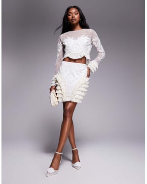 ASOS LUXE broderad mini kjol med volangdetalj i krämfärg