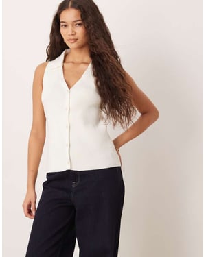 ASOS DESIGN ribbad krage stickad topp i vit