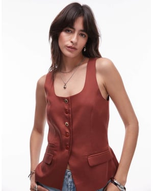 Topshop premium bröllopsgäst avtalsförhållande scoop neck långlinje väst i brunt