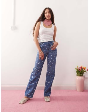 Miss Selfridge helblommig broderad jeans i blå tvätt