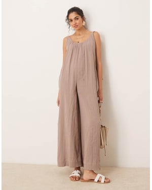 ASOS DESIGN dubbeltyg flätad slipsdetalj scoop neck byxdress i taupe