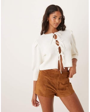 ASOS DESIGN puffärm knyt-fram cardigan i krämfärg