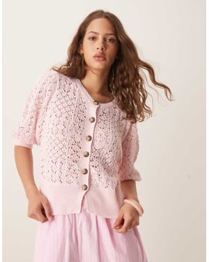 ASOS DESIGN puffärm cardigan i punktstickning i rosa