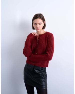 Topshop stickad ribbad knapprad crew cardigan i röd