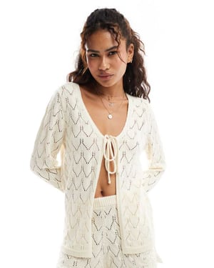 Miss Selfridge stickad pointelle flared ärm knytframs cardigan koord i krämfärgad