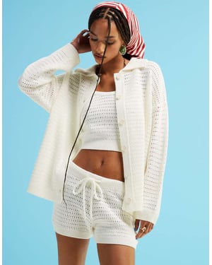 ASOS DESIGN stickad krage kofta i stickad uppsättning i krämfärg