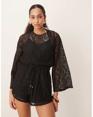 ASOS DESIGN virkad långärmad miniklänning med dragsko i svart