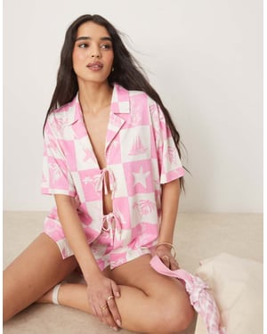 ASOS DESIGN linne-look skjorta med revers i koord med rosa skaltryck
