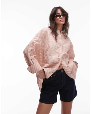 Topshop skjorta med krinklad struktur i persika- och bruna ränder