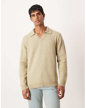 ASOS DESIGN stickad långärmad polo med snedskuren hals i salviagrön