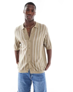 Jack & Jones knappgenomgående stickad polo i beige rand