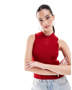 ENDAST ärmlös stickad polo topp i röd
