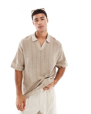 Jack & Jones split hals polo i virkade i beige