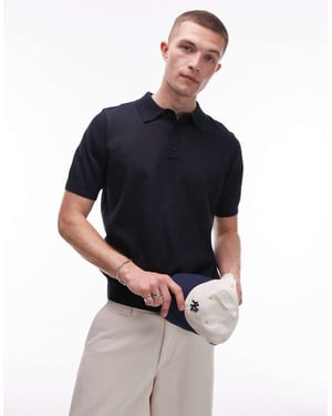 Topman linneblandning stickad polo i marinblå