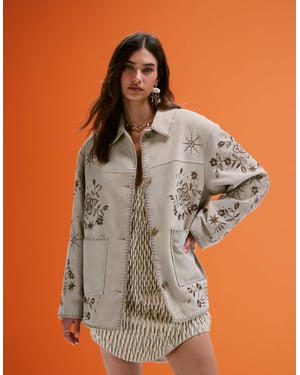 ASOS DESIGN äkta mocka broderad jacka i sten