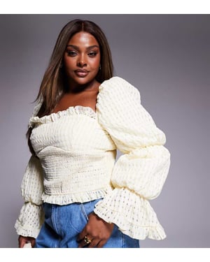 ASOS LUXE Curve rynkad strukturerad rutmönstrad puffärmad topp i smörgul