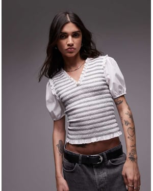 Topshop V-ringad puffärmad shirred topp i monostripad