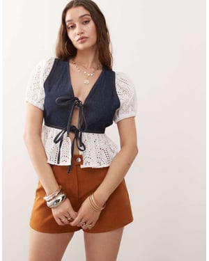 Miss Selfridge denim skjorta med knytframsidans broderidetalj