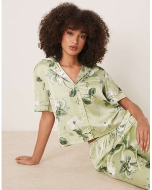 Abercrombie & Fitch kortärmad knäppning pyjamaströja i grön blommig koordinat