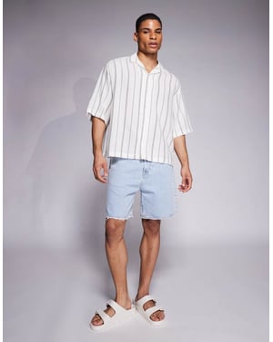 ASOS DESIGN boxy oversized revere textured shirt in green and white stripe