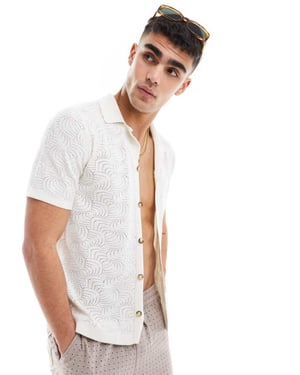 ONLY & SONS revere collar open knit shirt in white