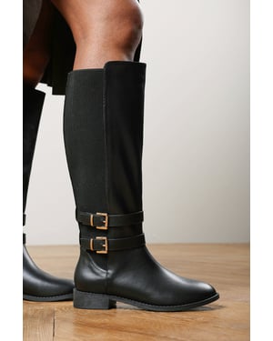 Where's That From Womens Elaris Double Buckle Detail Stretch Elastic Knee High Riding Boots