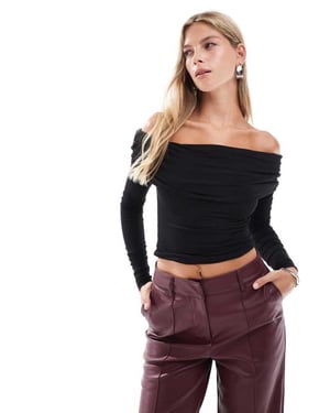Cotton On Rhi gathered off the shoulder slinky long sleeve top in black