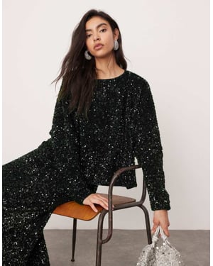 ASOS EDITION velvet allover sequin long sleeve slouchy top co-ord in dark green