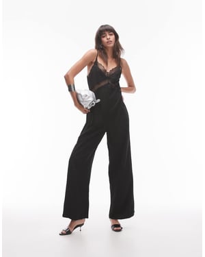 Topshop midi jacquard jumpsuit with lace bust in black