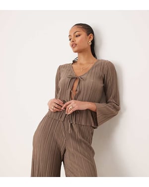 JDY Tall tie front plisse top co-ord in brown