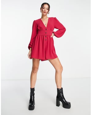 ASOS DESIGN crepe plunge neck playsuit with puff sleeve in dark pink