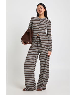 Stripe Rib Button Through Long Sleeve Top & Trouser Co Ord