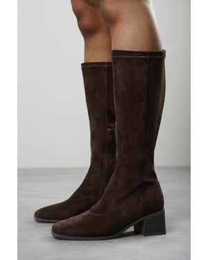 Where's That From Womens Ezzira Square Low Block Heel Stretch Knee High Boots