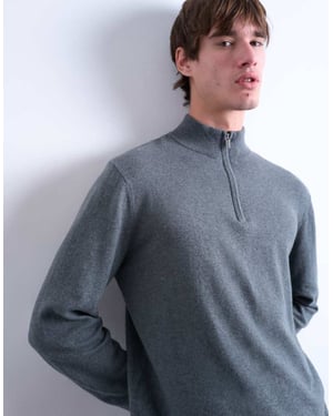 Topman essentiell stickad 1/4 zip funnel i kolgrå