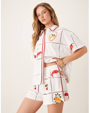 ASOS DESIGN ricrac kort koord med sommarbroderi i vitt