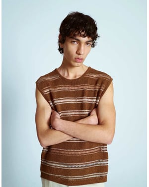 Topman avslappnad passform stickad virkad tanktop med metallgarn i brunt
